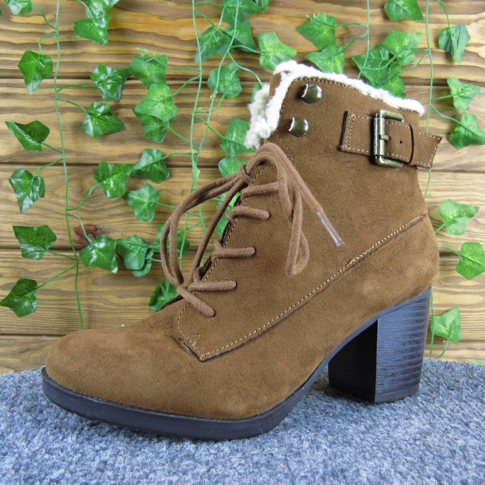 Me Too Lulu Womens Brown Textile Lace Up Heeled Ankle Boots Fur Trim 6.5M